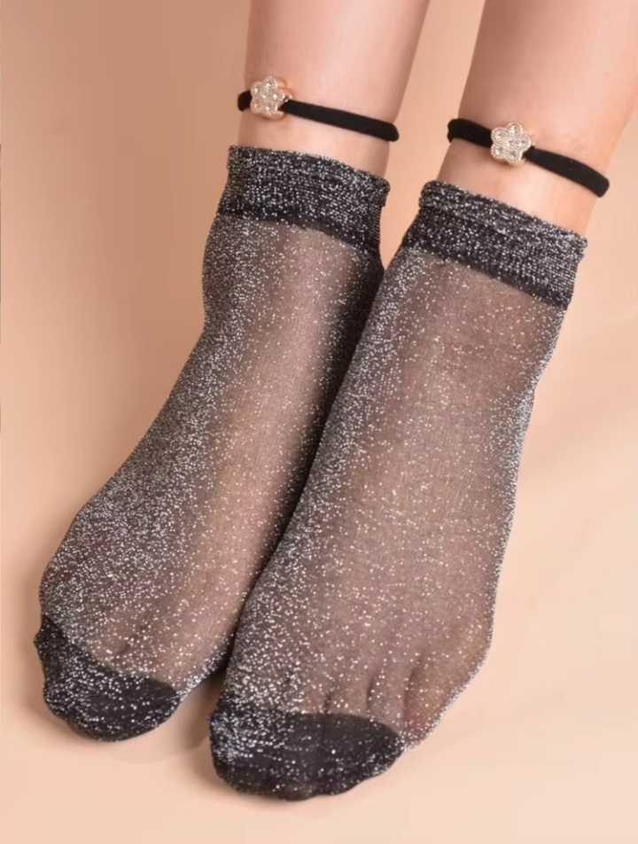 Women’s Sheer Glitter Ankle Socks with Black Trim and Decorative Anklet Strap